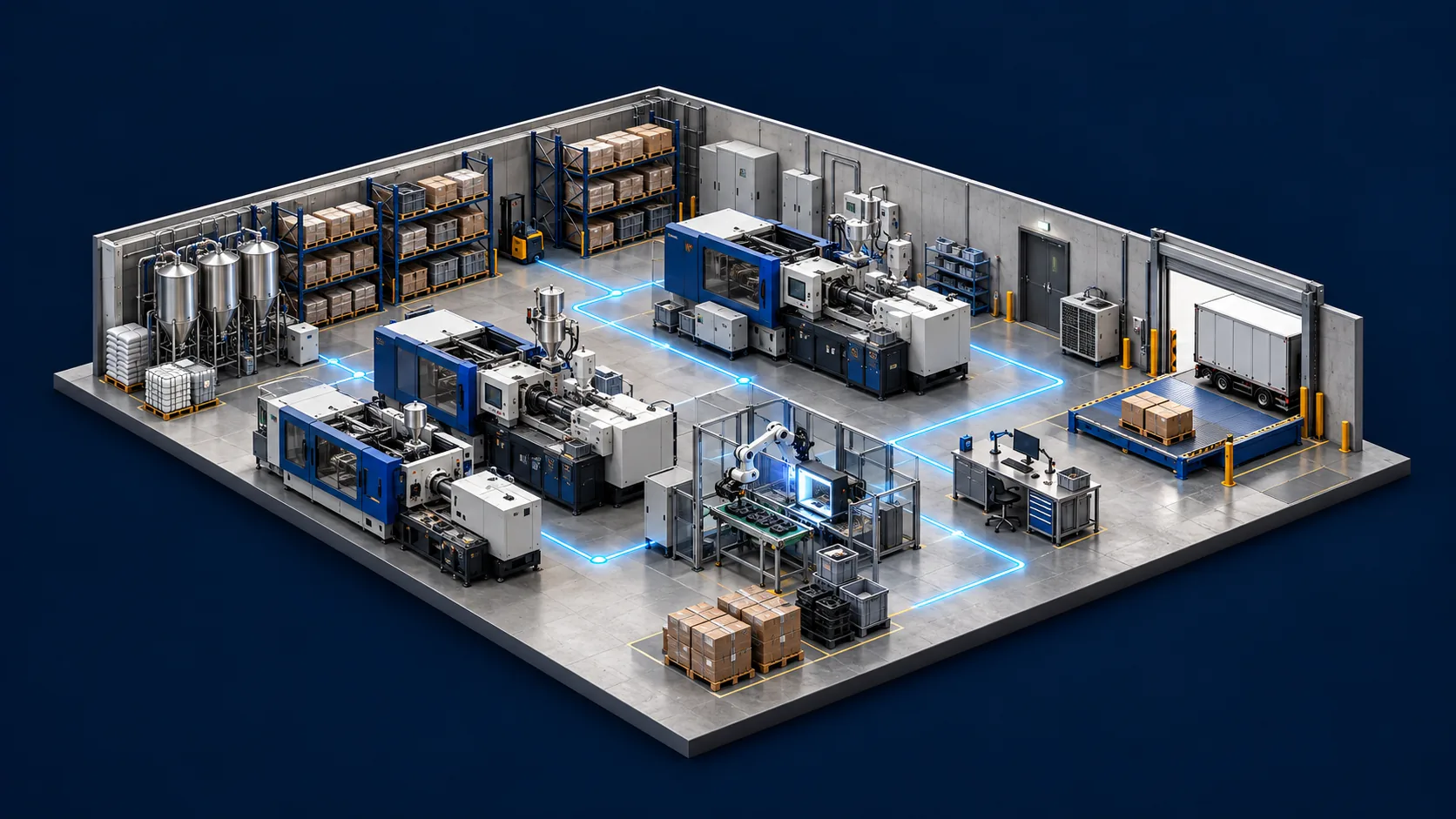 Impianto produttivo con macchine, robot, controllo qualità, magazzino e percorsi dati